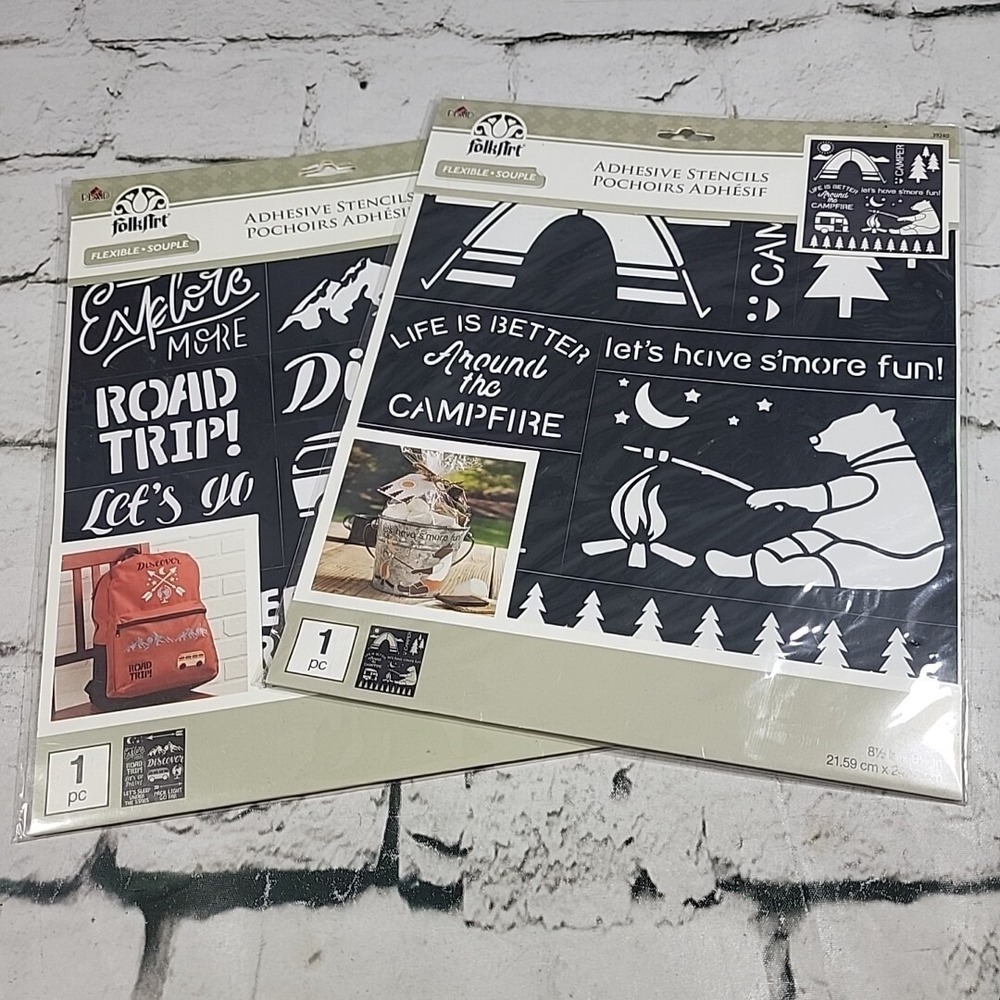 Folk Art Adhesive Stencils Lot of 2โ Packages Camping Outdoors New
